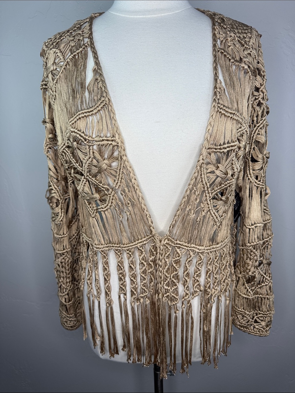 Boston Proper Macrame Crochet Fringe Long-Sleeve Jacket Cardigan